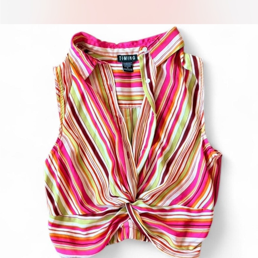 Timing Pink Tan Sleeveless Tie Front Blouse